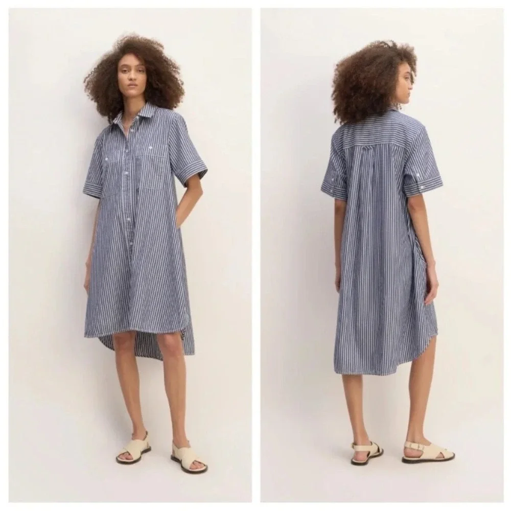 Everlane Daytripper Navy White Striped Cotton Shirt Dress High-Low Lagenlook XS - Picture 1 of 12